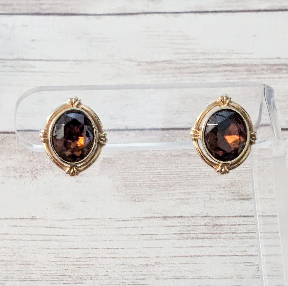 Vintage Earrings for Pierced Ears Ornate Gold Tone with Brown Center 5/8"